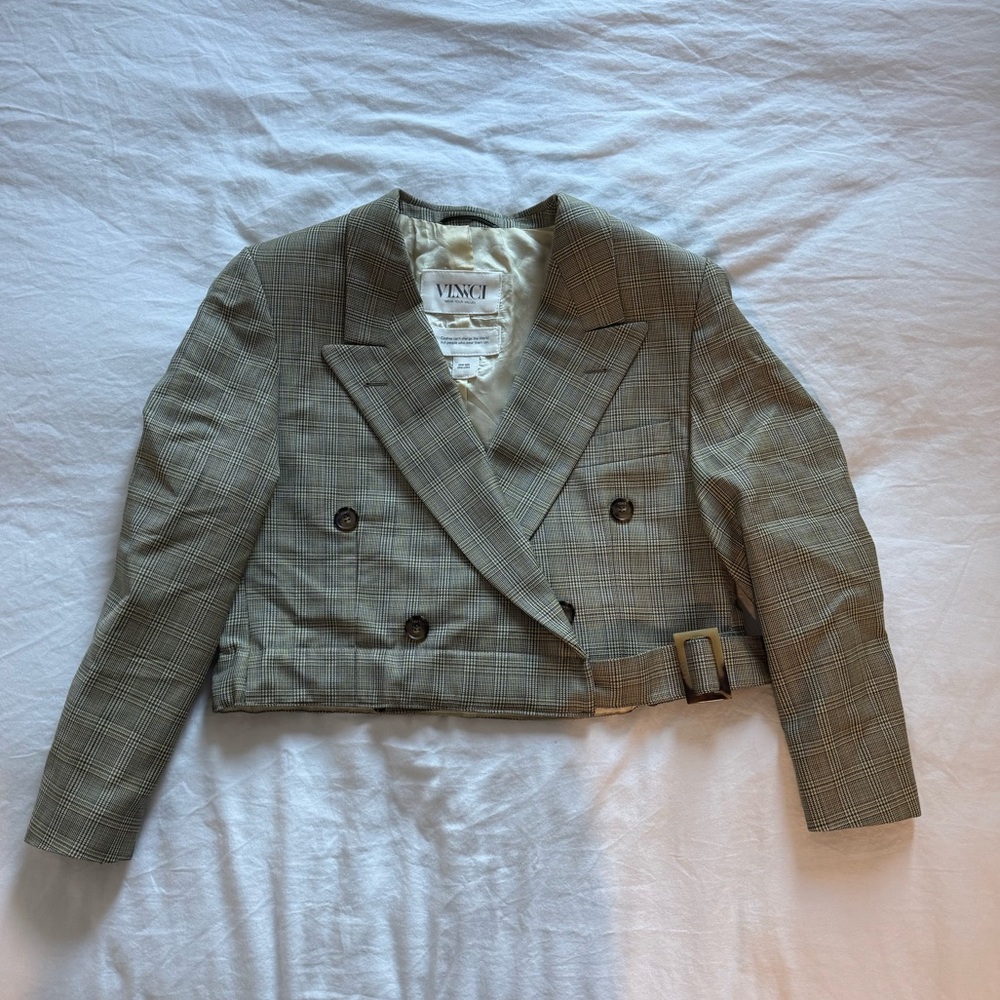 VINNCI Cropped Checked Blazer – Upcycled One of a Kind